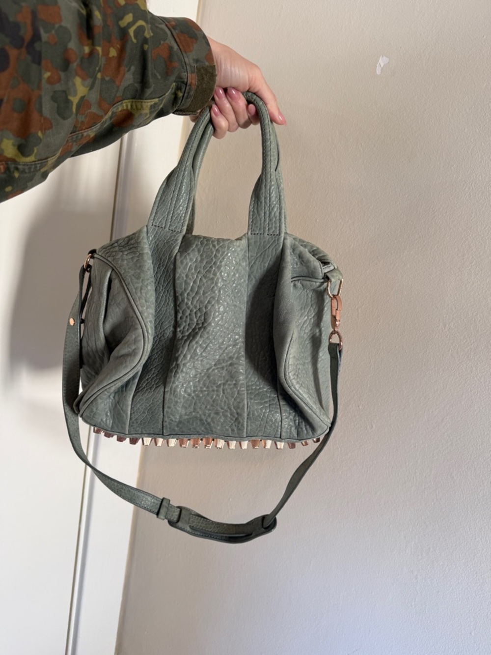 Alexander Wang Olive Green Pebbled Leather Satchel with Rose Gold Stud Trim